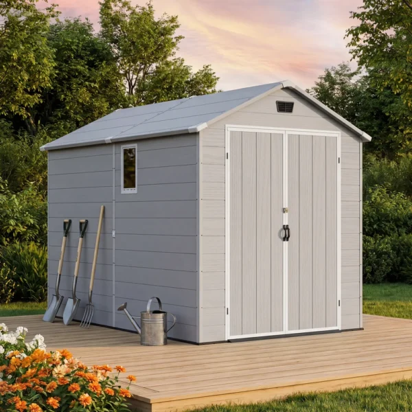 6x10_plastic_shed_with_window_gray_scene Patiowell 6x10 ft Plastic Shed with Vent, Window & Sloped Roof, Gray