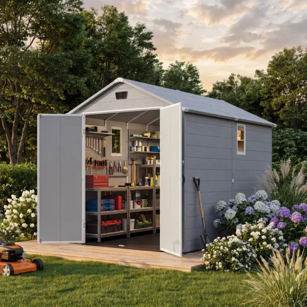 6x10_plastic_shed_with_window_gray_scene2_1 Patiowell 6x10 ft Plastic Shed with Vent, Window & Sloped Roof, Gray