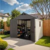 Kick-it 8x8 Plastic Storage Shed with Floor and Windows, Gray & Beige