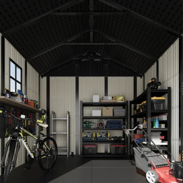 Kick-it 8x8 Plastic Storage Shed with Floor and Windows, Gray & Beige