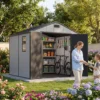 8x8_plastic_shed_with_windows_gray_scene Patiowell 8x8 Plastic Storage Shed with Window and Lockable Door, Gray