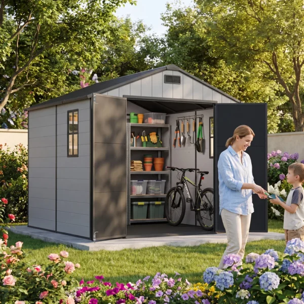 8x8_plastic_shed_with_windows_gray_scene Patiowell 8x8 Plastic Storage Shed with Window and Lockable Door, Gray