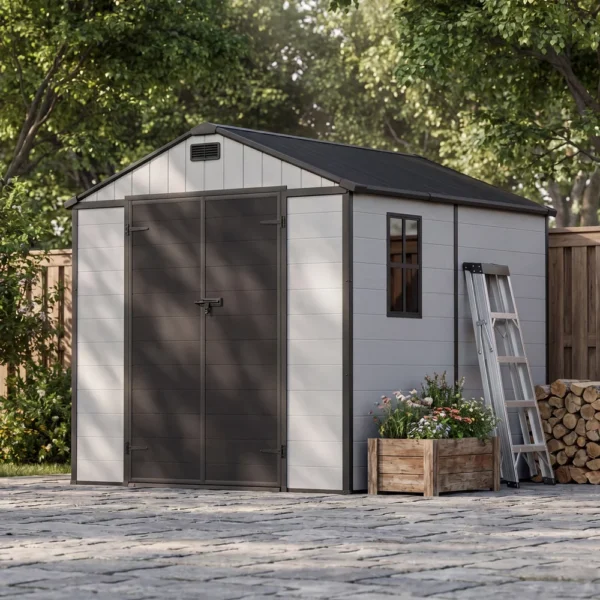 8x8_plastic_shed_with_windows_gray_scene2 Patiowell 8x8 Plastic Storage Shed with Window and Lockable Door, Gray