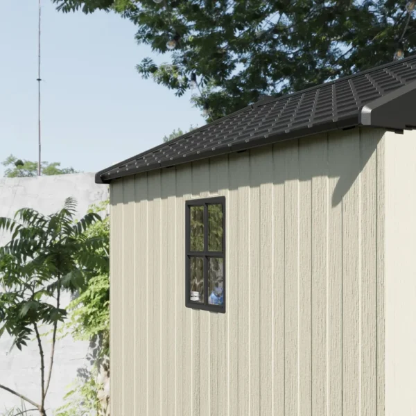 Kick-it 8x8 Plastic Storage Shed with Floor and Windows, Gray & Beige