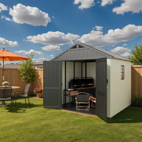 Kick-it 8x8 Plastic Storage Shed with Floor and Windows, Gray & Beige